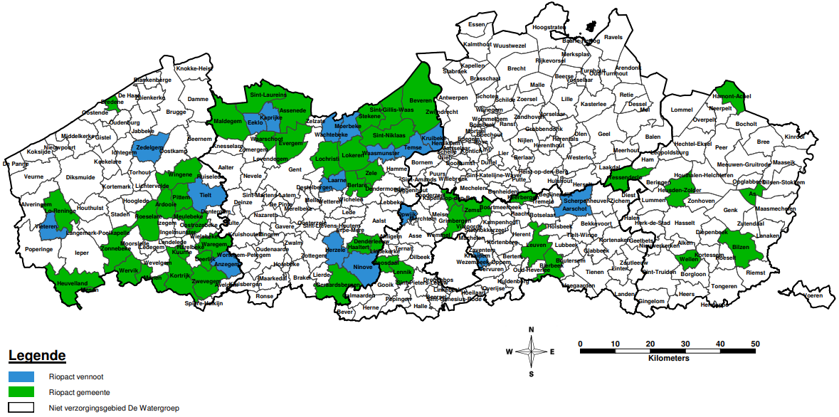 Kaart met overzicht rioleringscontracten: Riopact-gemeenten & -vennoten